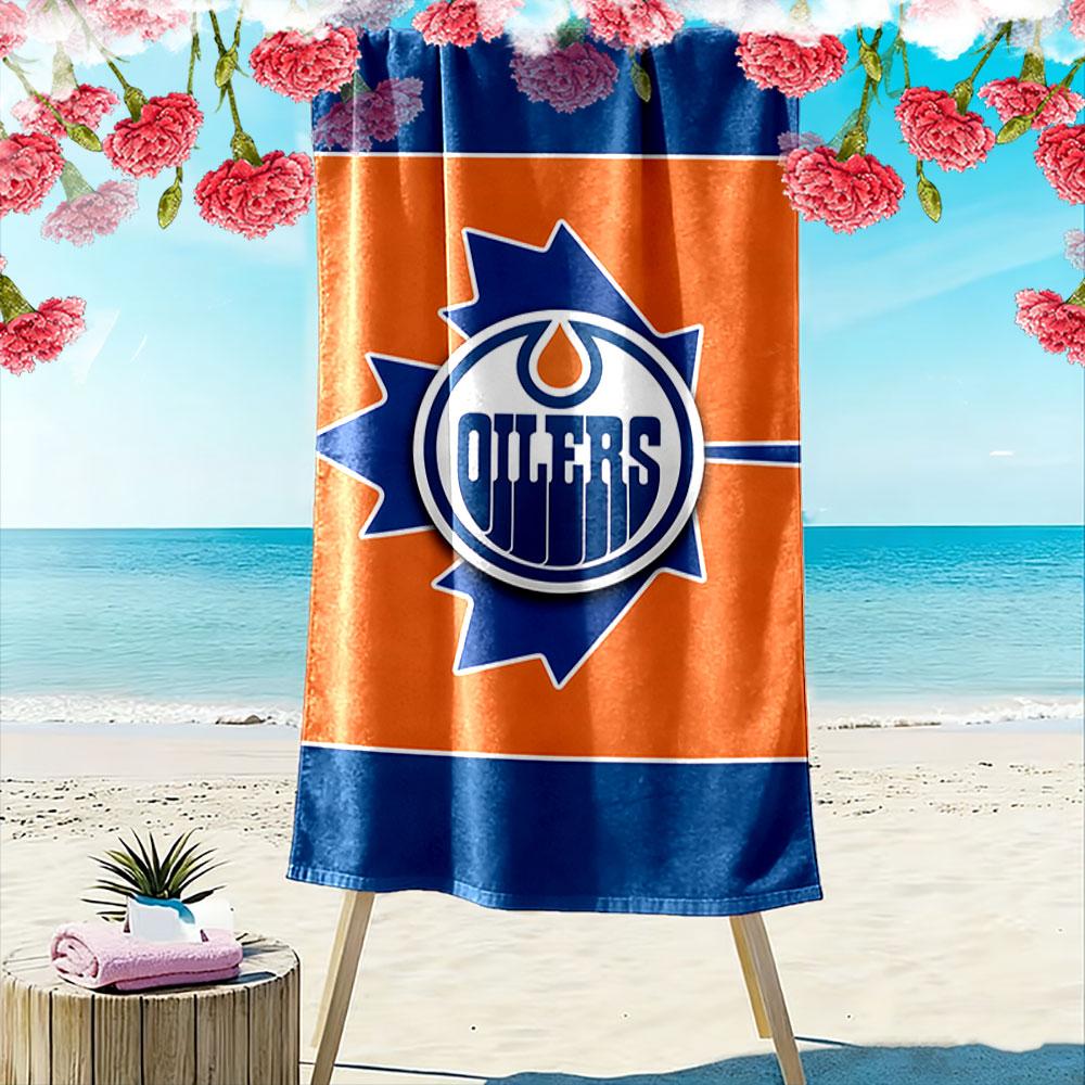 "Orange and Blue Oilers Logo Design" Patterned beach towel quick dry perfect for travel outdoor sports jogging the beach and swimming