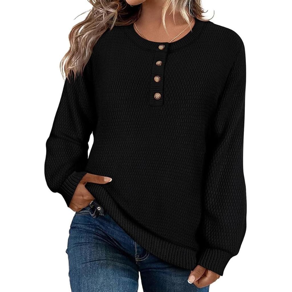 Женский пуловер свободного кроя однотонный на пуговицах с длинными рукавами и круглым вырезом