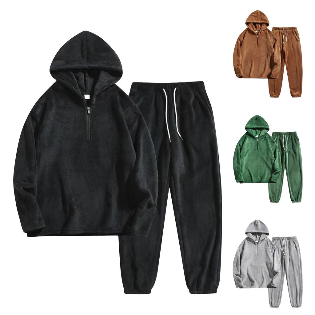 Men's Winter Solid Color Plush Long Sleeve Half Zipper Hooded Sweatshirt And Sweatpants Set
