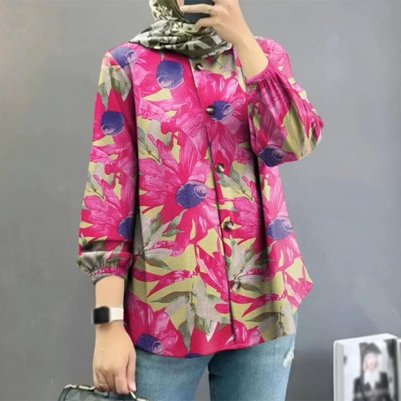 Большие размеры Женская новая цветочная модная рубашка с пышными рукавами