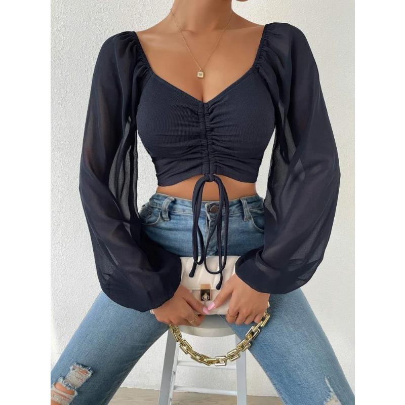 Sexy Mesh Lantern Sleeves Drawstring Wrap Chest Bare Midriff T Shirt Women Long Sleeves Bottoming