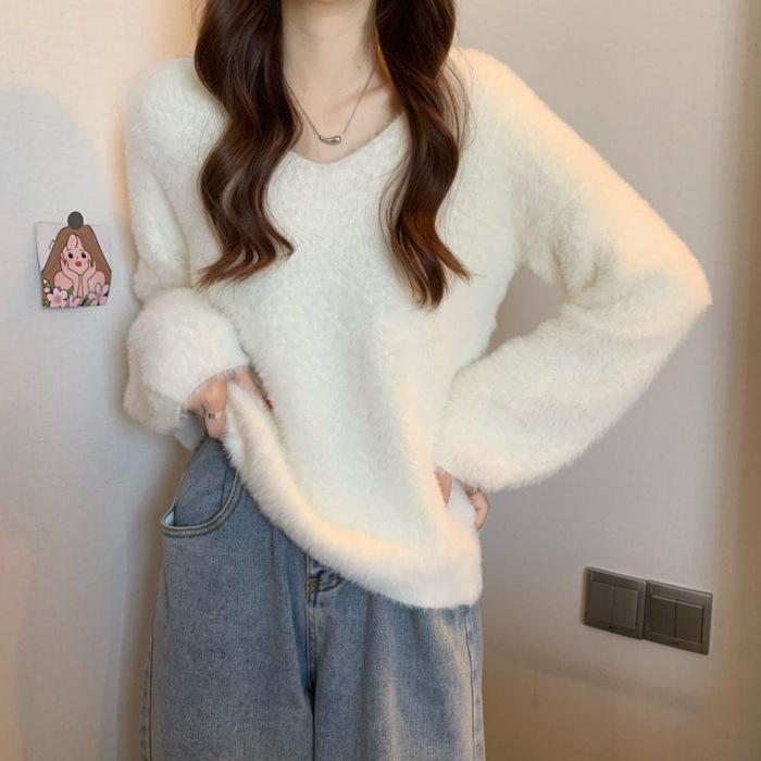 Женский свитер из искусственной норки с V-образным вырезом - толстый, теплый, трикотажный топ с длинными рукавами для осени и зимы