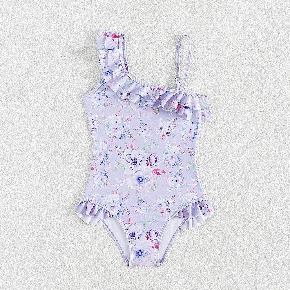 Цельный купальник для девочек-подростков 5-14 лет, купальный костюм с цветочным принтом и оборками и рукавами-крылышками, летняя пляжная одежда фиолетового цвета для девочек