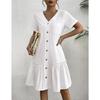 Women's Summer Cotton Linen Dress, Loose Button Down V Neck Short Sleeve Ruffle Hem Casual Dress with Pockets