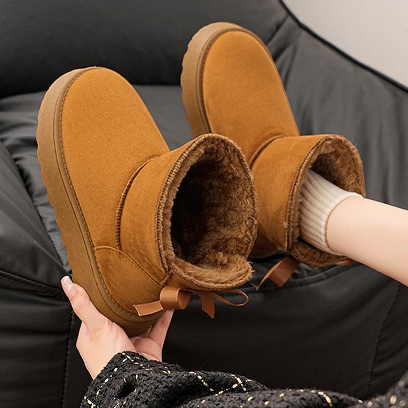 Модные женские зимние ботинки на платформе из искусственной замши, теплые зимние ботинки с толстой плюшевой подкладкой, женские милые ботинки с бантом, нескользящие хлопковые ботинки