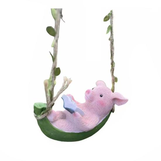 Hanging Resin Pig Figurine Cute Piggy Lying in Hammock Reading Book Hanging Animal