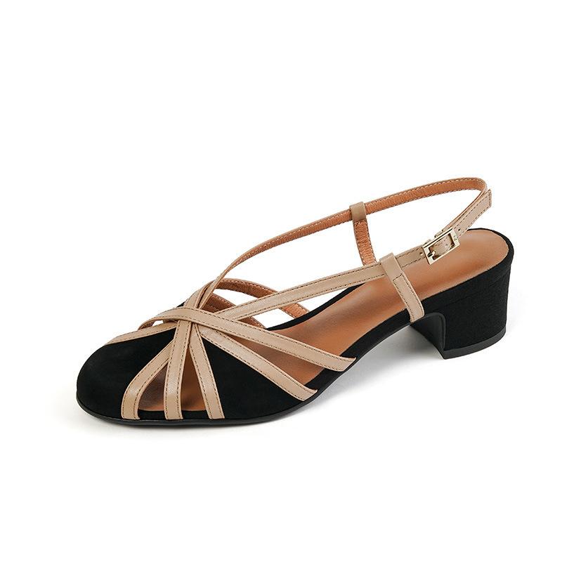 Baotou Back Empty Thick Heel Sandals Women's Summer New Women's Shoes Woven Thin Strips with Buckles Medium Heel Roman Shoes