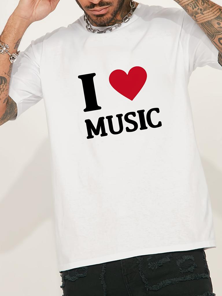 Unisex Summer White Crew Neck T Shirt I Love Music Red Heart Graphic Print Loose Short Sleeve Casual Streetwear Daily Fashion Tops