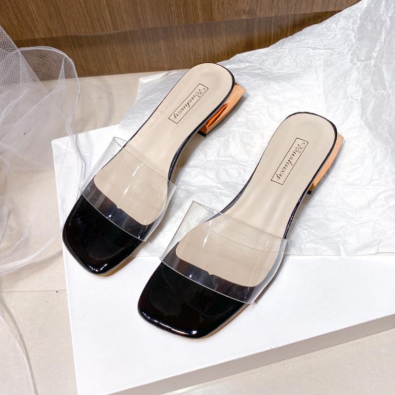 Прозрачные крутые шлепанцы на высоком каблуке из одного слова женские летние для улицы модные новые хрустальные сандалии на толстом каблуке универсальные и полушлепанцы