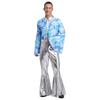 Mens Metallic Bell Bottom Disco Jumpsuit Turn Down Collar Flared Sleeves Printed Bodice Bodysuit Party Costume