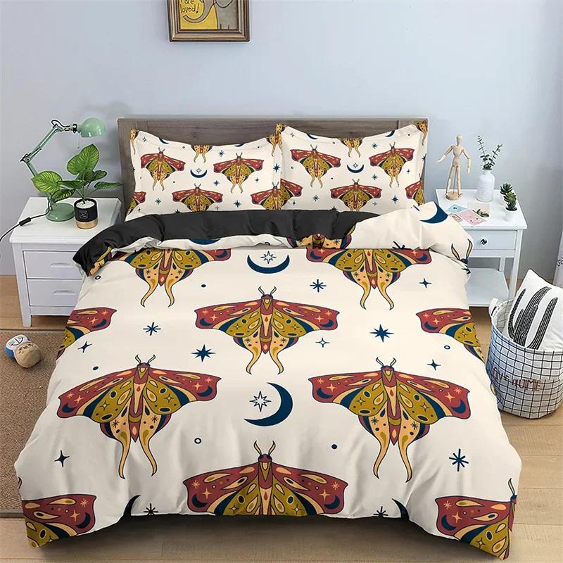Butterfly Bedding Set Full King Size Hippie Boho Moth Duvet Cover Microfiber Animal Botanical Psychedelic Starry Sky Quilt Cover