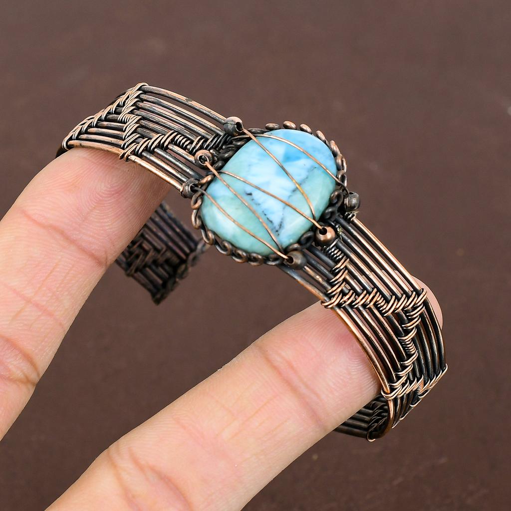 Натуральный драгоценный камень Ларимар, браслет ручной работы из медной проволоки, регулируемый l8m47