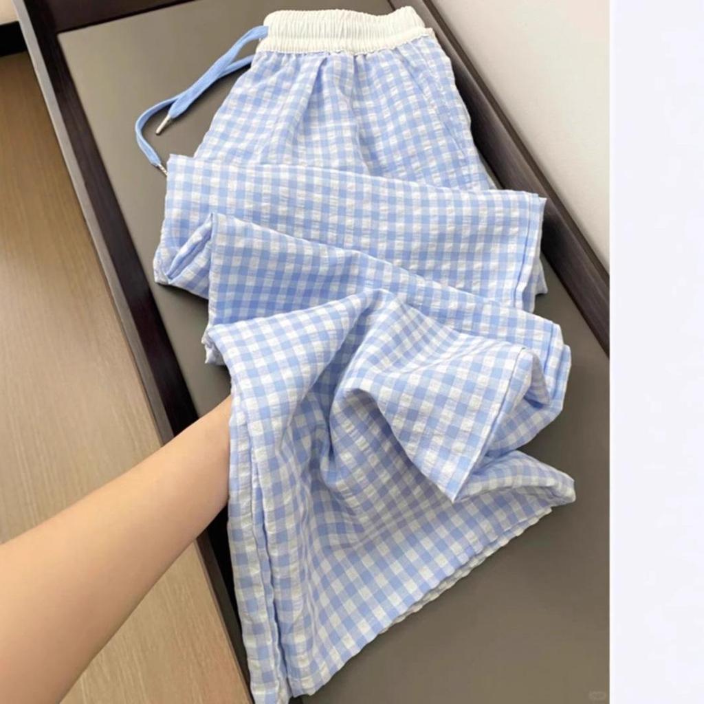 2025 Summer Women's Blue & White Check Fake Two-Piece Wide-Leg Casual Pants
