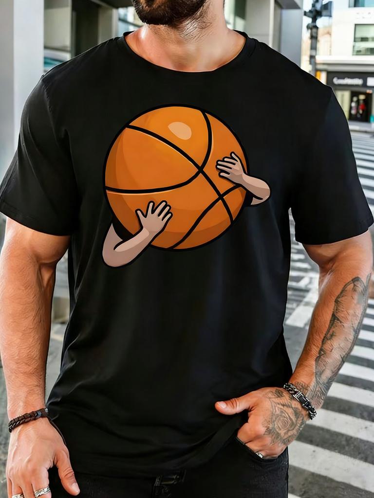Unisex Crew Neck Tee Funny Hugging Basketball Cartoon Graphic Print Short Sleeve Top Summer Outdoor Loose Soft Casual Basic Wear