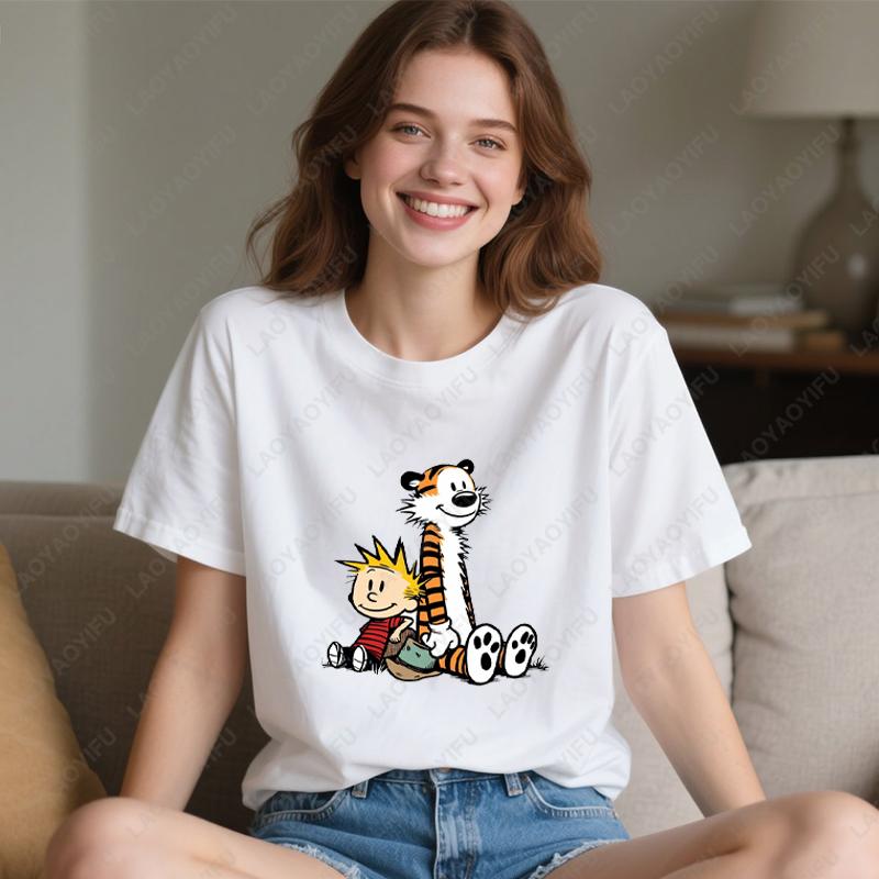 Vintage 90s Calvin Hobbes Tshirt Comic Strip Kawaii Friend Clothes Unisex Simple Casual Fashion Tees High Quality Cotton Tops