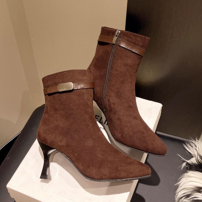 Женские ботильоны на высоком каблуке, сексуальные замшевые элегантные туфли с острым носком, женская мода 2024 года, туфли-лодочки «Челси», зимние туфли Botas De Mujer