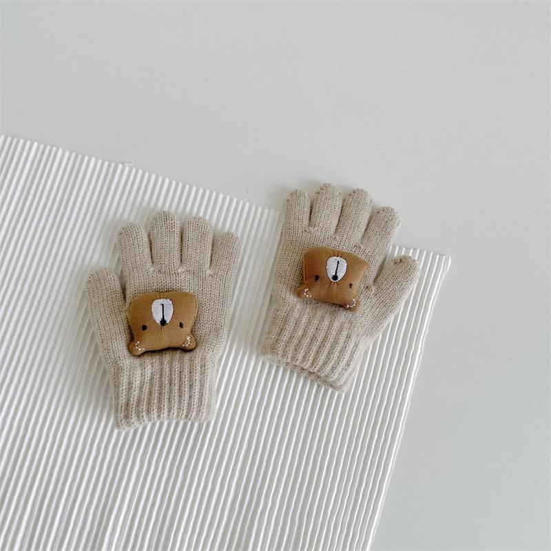Cute Bear Baby Winter Gloves Solid Color Knitted Full Finger Gloves Kids Boys Girls Outdoor Warm Mittens