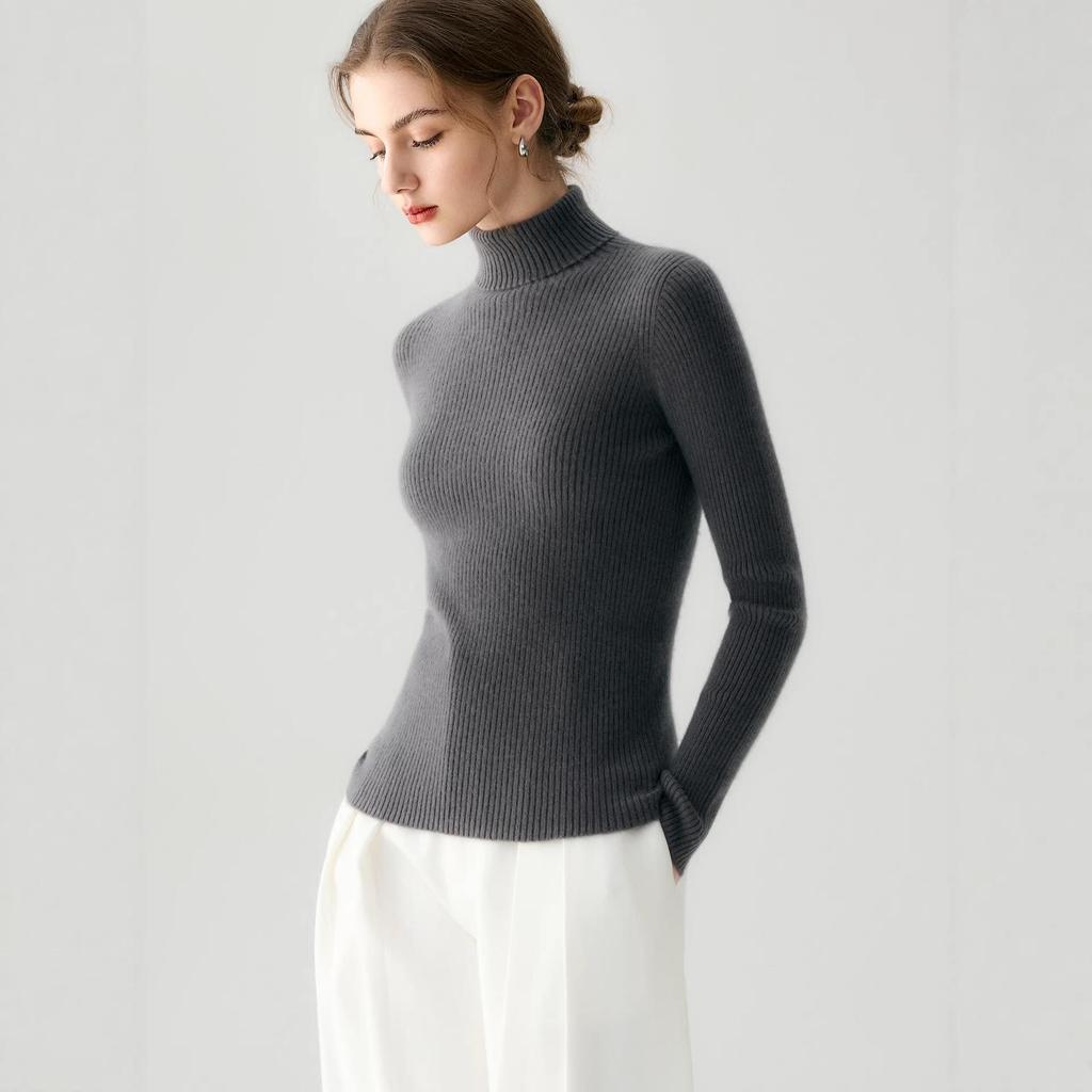 Women's High-Neck 100% Pure Cashmere Slim-Fit Sweater - Seamless, Flattering Knit in Solid Colors