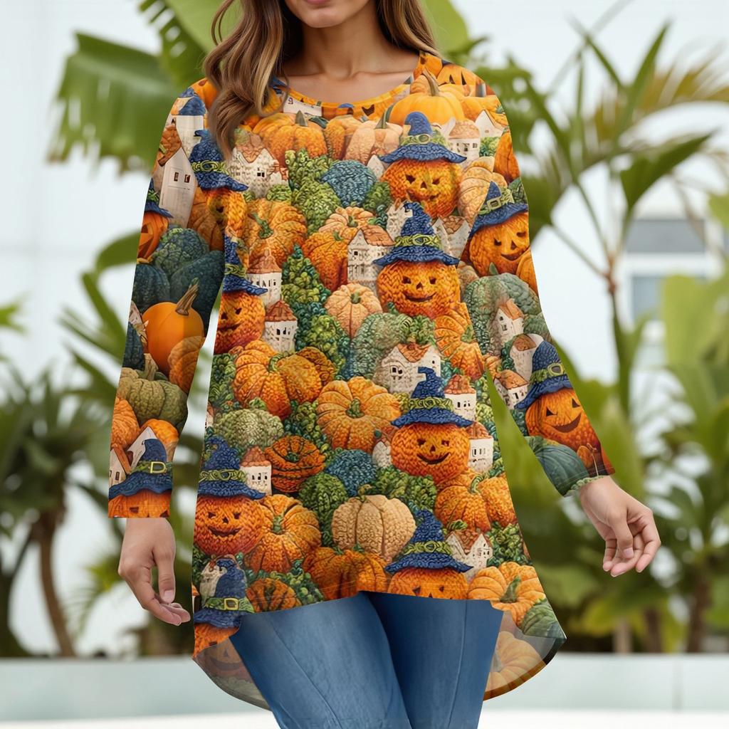 Женская мода Большой размер Круглый вырез Длинный рукав Повседневный Пуловер Топ с принтом на Хэллоуин Свободного кроя