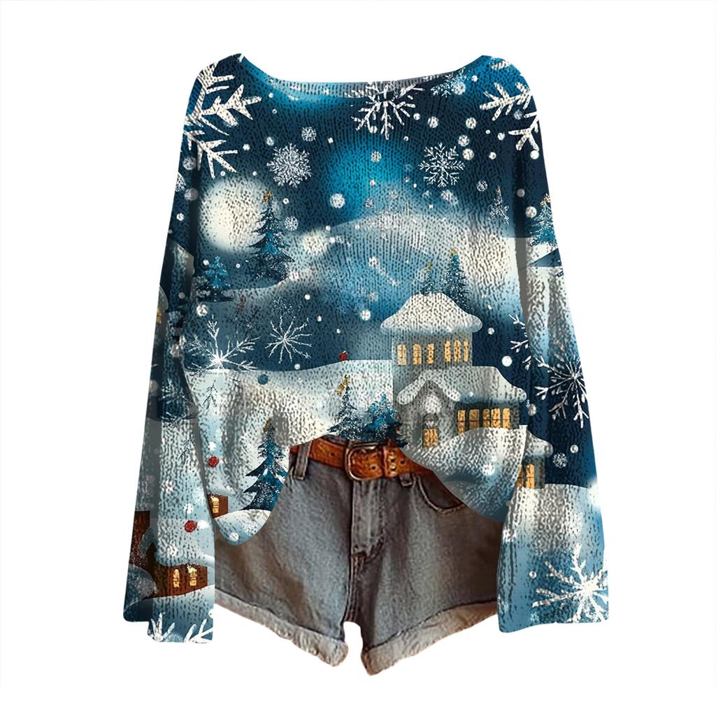 Women's Christmas Print Lightweight Sweater Casual Long Sleeve Knitted Pullover