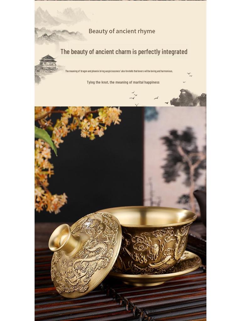 Антикварный набор чайных чашек из латуни: Мотив Дракона и Феникса с бронзовыми украшениями, коллекция из 3 предметов