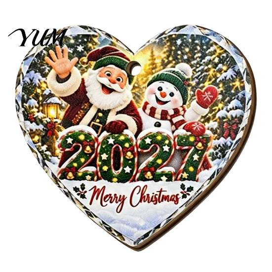 Seasonal Decorative Accents Heart Shaped Wooden Christmas Ornament, Santa Snowman Hanging Decor with Red Pendants String, Festive Tree Pendant