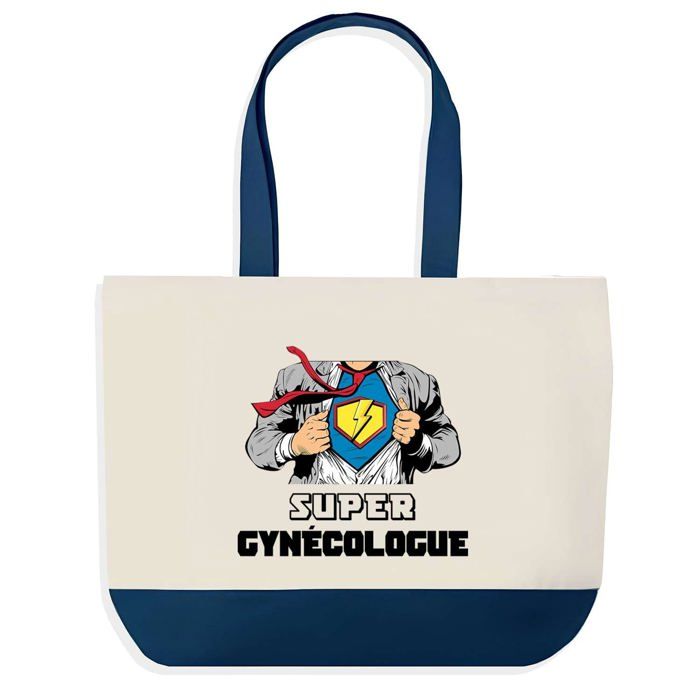 Sac shopping - PLANETEE - Super Gynécologue - fond bleu - coton 40x45 cm - grand format