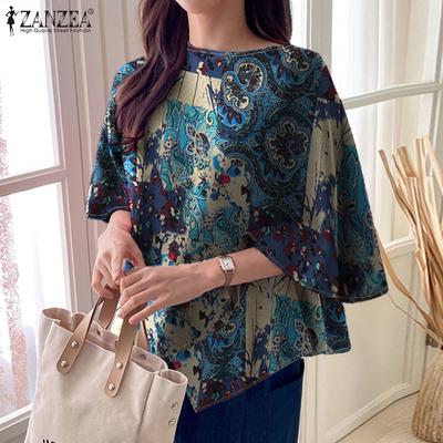 Женская повседневная хлопковая блузка с круглым вырезом и рукавом «летучая мышь» с этническим принтом