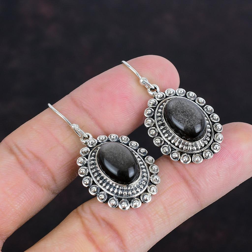 Серьга из серебристого обсидиана, серьга из стерлингового серебра 925 пробы, серьги из драгоценных камней ручной работы, винтажные украшения, подарки на годовщину, серьга в уникальном стиле