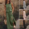 Women Beach Dress Round Neck Sleeveless Elastic High Waist Maxi Dress