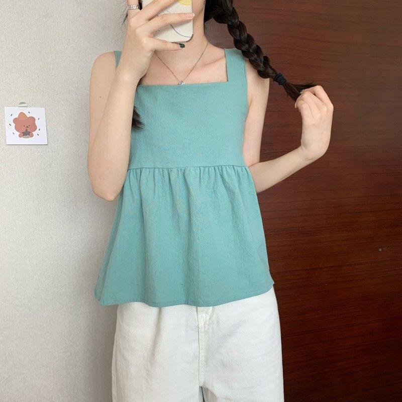 2023 Новый однотонный топ без рукавов, женская летняя майка с рюшами и дизайном, темпераментная майка