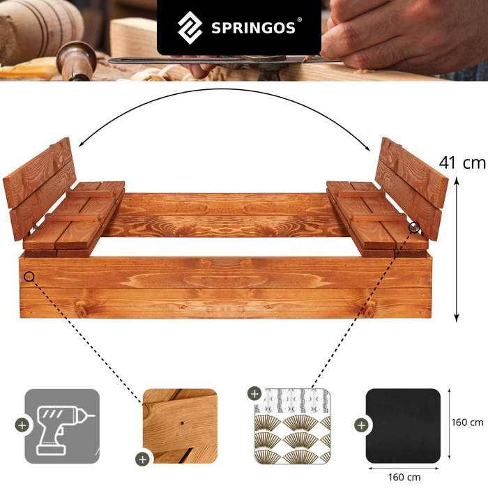Деревянный песочница - SPRINGOS - 2026 - 120x120 см - Массивная импрегнированная древесина - Складные скамейки/крышка