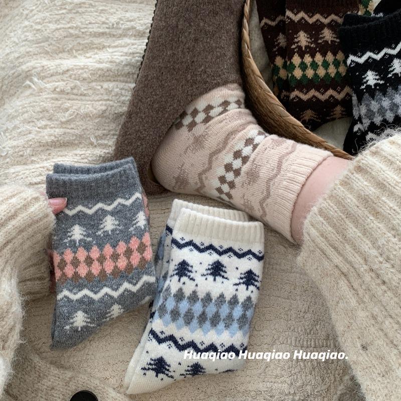 Зимой, теплые утолщенные носки, шерстяные носки до середины икры, носки с ворсом в виде елки, женские носки