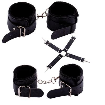 Плюшевый кожаный БДСМ-набор: Наручники на лодыжки, Наручники, Перекрестная спина, Кляп для рта