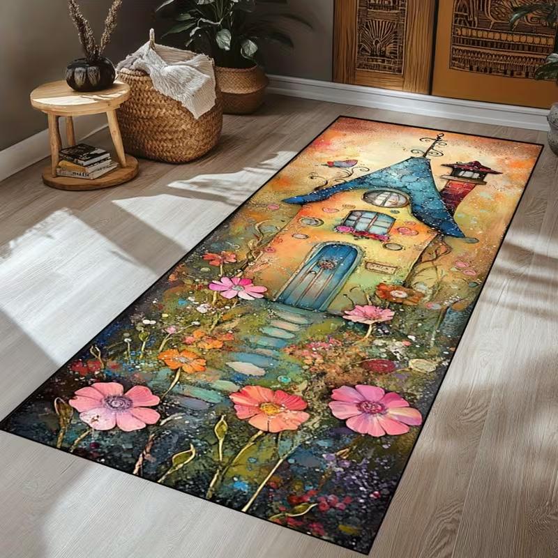 Ковровая дорожка «Сказочный коттедж» Яркий цветочный луг с дизайном синей двери Коврик Причудливый напольный коврик для прихожей, декора детской