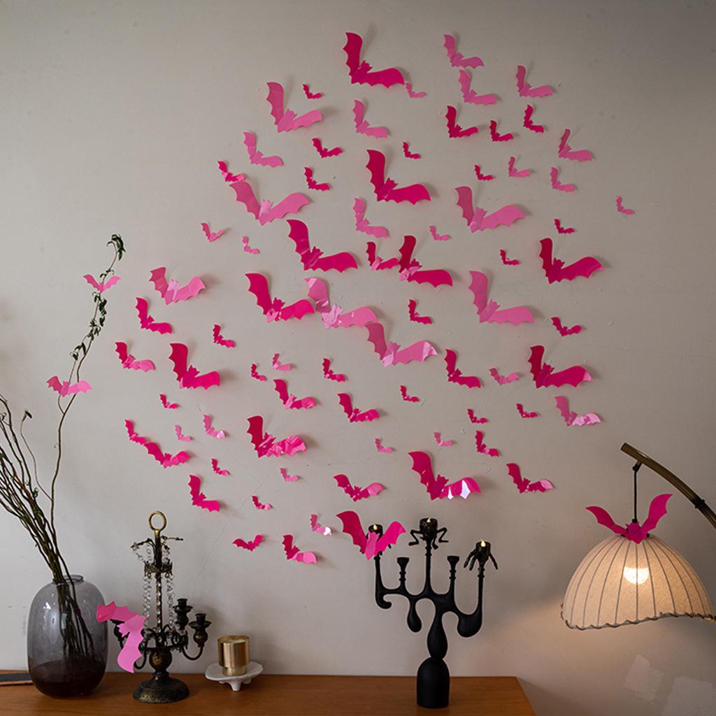 Черные и розовые наклейки на стену в виде летучих мышей на Хэллоуин для украшения детской комнаты и создания праздничной атмосферы