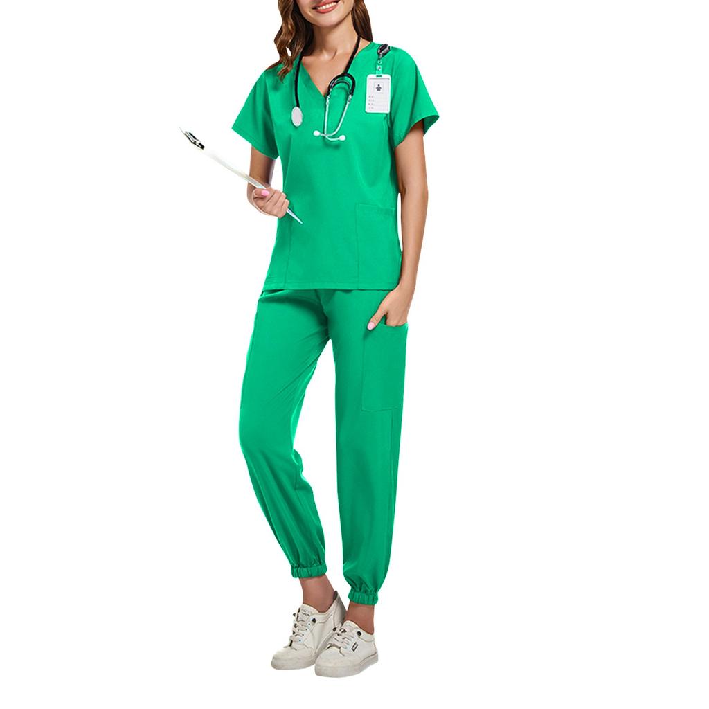 Ladies' Two-piece Set Short Sleeved Solid Color Pocket Top Pants Work Clothes Two-Piece Set