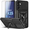 Case for Samsung Galaxy A25 5G, Black, Shockproof PC + TPU with Camera Protector and Rotating Stand + 2 Tempered Glasses