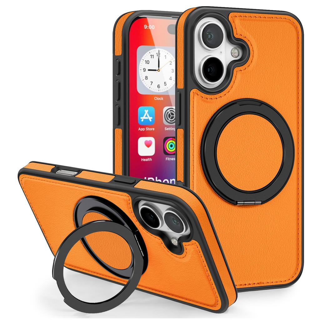 Чехол для iPhone 16 с кольцом-подставкой, совместимый с MagSafe, задняя крышка из ПУ-кожи