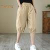 Women Summer Shorts Mid-rise Elastic Waist Knee-Length Pants Solid Color Loose Fit Short Pants Streetwear