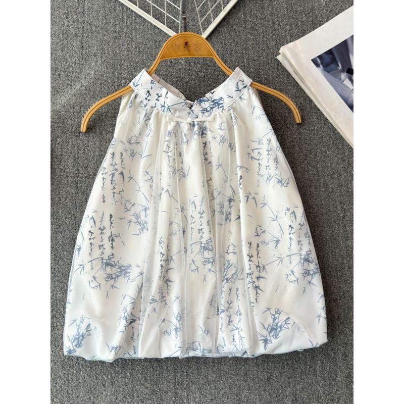 Graceful Bow Halter Lace-up Sleeveless Chiffon Blouses for Women Summer National Style Print Camisole Western Style Small Shirt