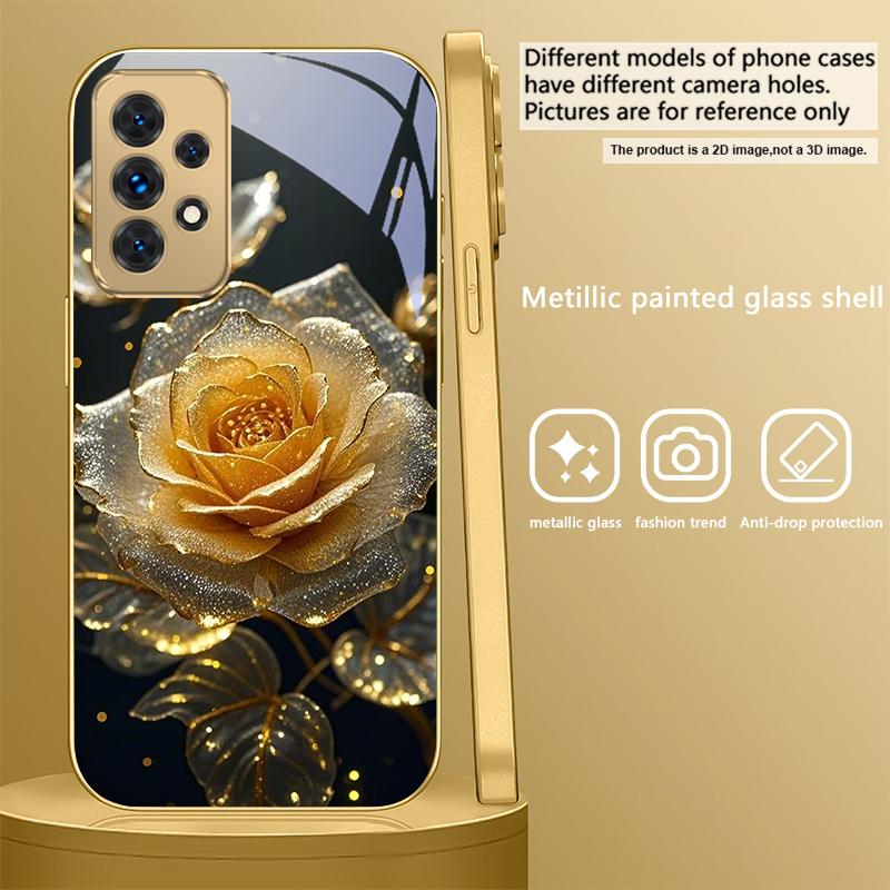 Элегантная золотая роза Для Samsung A 01 52S A04 A05S A10 A12 A13 22 23 24 36 42 M02 Note 10 20Ultra 8 9 Золотой стеклянный чехол для телефона