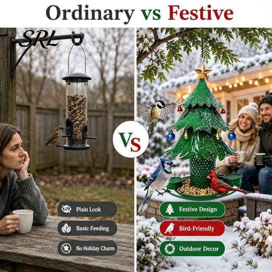 Metal Bird Feeder for Outside Christmas Tree Outdoor, Hanging Wild with 2 All Weather Rust Proof Water Cups, Green Xmas Seeds Tray Garden Patio Decor