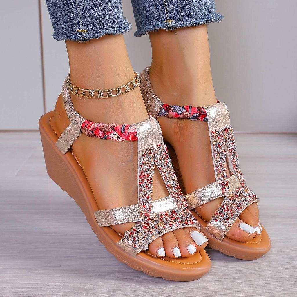 In the Summer of 2025, Bohemia's New Slope Heel Rhinestone Fish Mouth Sandals Women's Foreign Trade Large Size Women's Shoes Manufacturer
