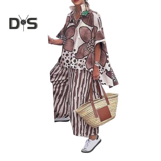 Женский комплект из двух предметов с цветочным принтом, свободный топ с коротким рукавом и широкими брюками, летний повседневный уличный стиль в стиле бохо