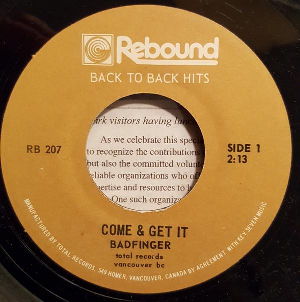 7-дюймовая пластинка BADFINGER BLUES IMAGE Come Get It Ride Captain Ride RB207 Rebound Канада Рок Б/у