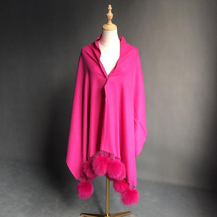 Factory Direct  Pashmina Shawl Women Cashmere Scarf Shawl With Fox Fur Pompoms