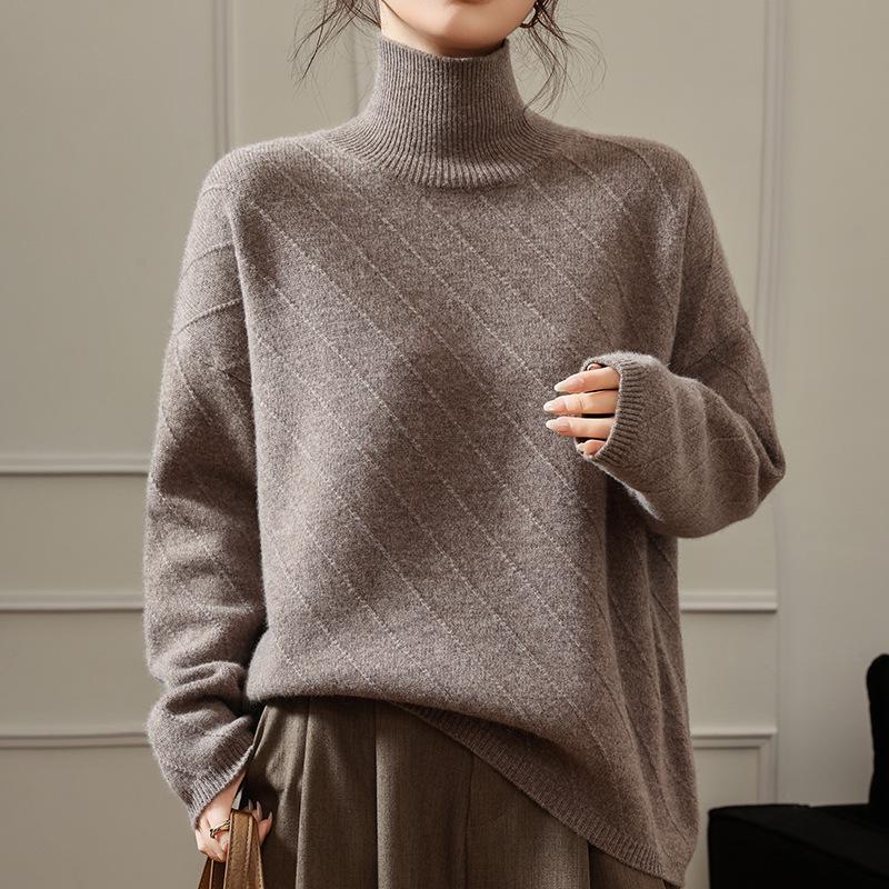 Women's High Neck Jacquard Wool Sweater - Thick, Loose Fit, Lazy Style