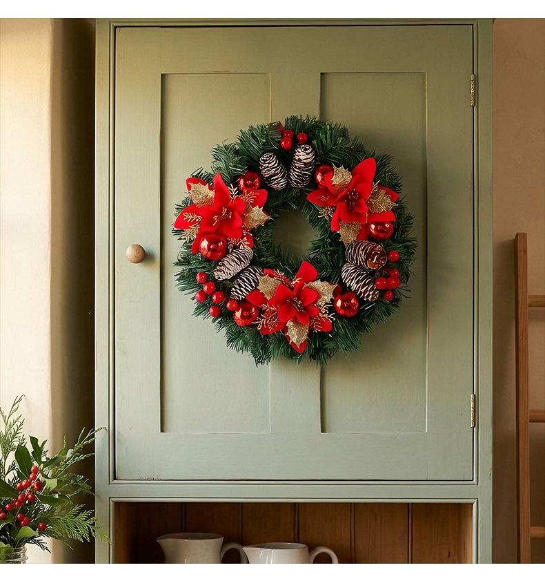 Holiday Poinsettia Pine Cone & Red Berry Wreath for Home and Porch Decor