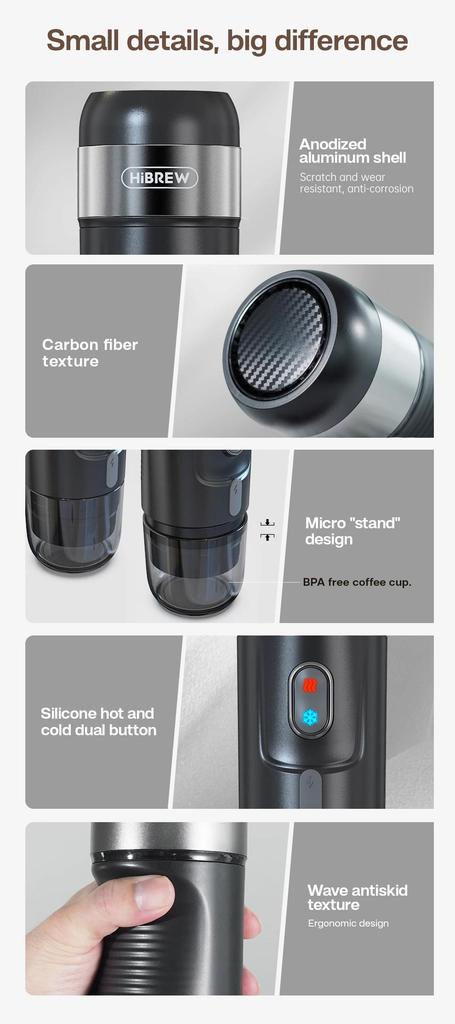 New HiBREW Portable Coffee Machine Expresso Coffee Maker Fit Nexpresso Capsule Coffee Powder for Car Camping & Home Heat Water H4A